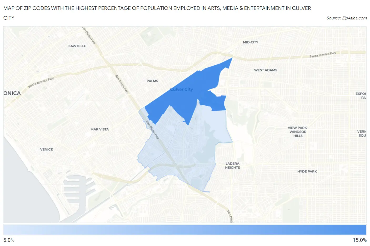 Zip Codes with the Highest Percentage of Population Employed in Arts, Media & Entertainment in Culver City Map