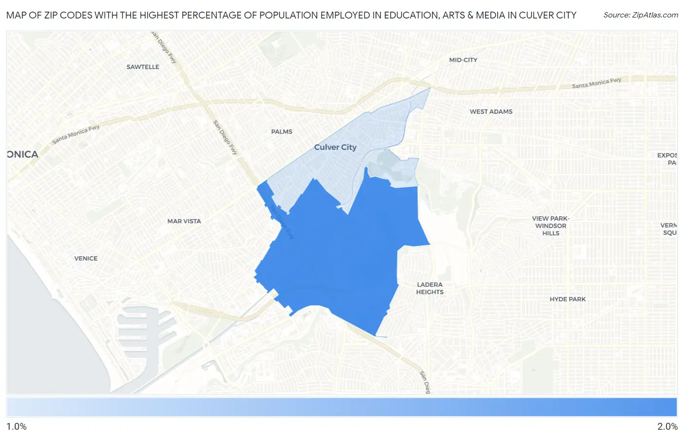 Zip Codes with the Highest Percentage of Population Employed in Education, Arts & Media in Culver City Map