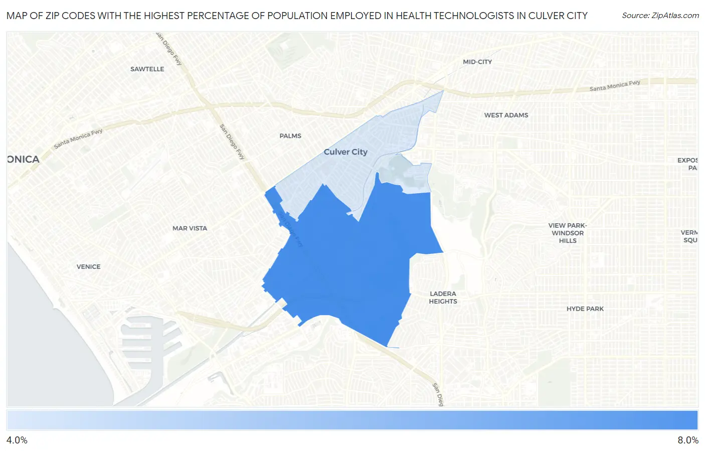 Zip Codes with the Highest Percentage of Population Employed in Health Technologists in Culver City Map