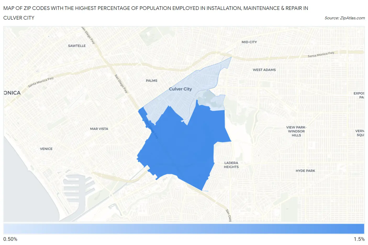 Zip Codes with the Highest Percentage of Population Employed in Installation, Maintenance & Repair in Culver City Map