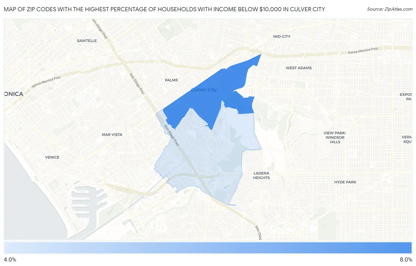 Zip Codes with the Highest Percentage of Households with Income Below $10,000 in Culver City Map
