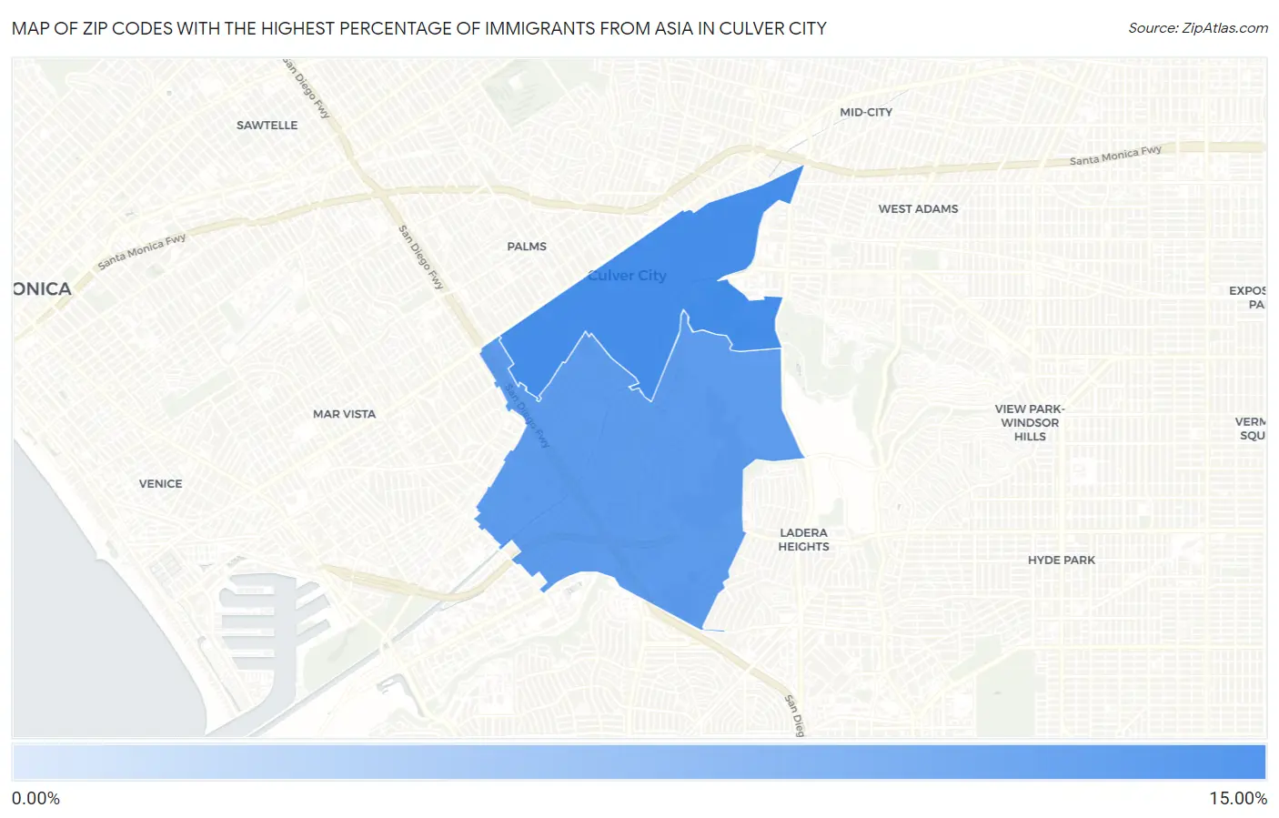 Zip Codes with the Highest Percentage of Immigrants from Asia in Culver City Map