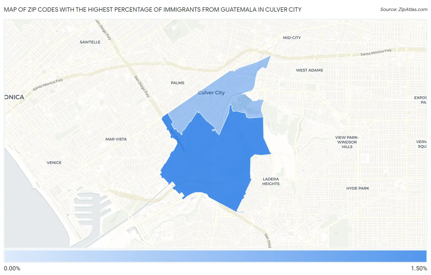 Zip Codes with the Highest Percentage of Immigrants from Guatemala in Culver City Map