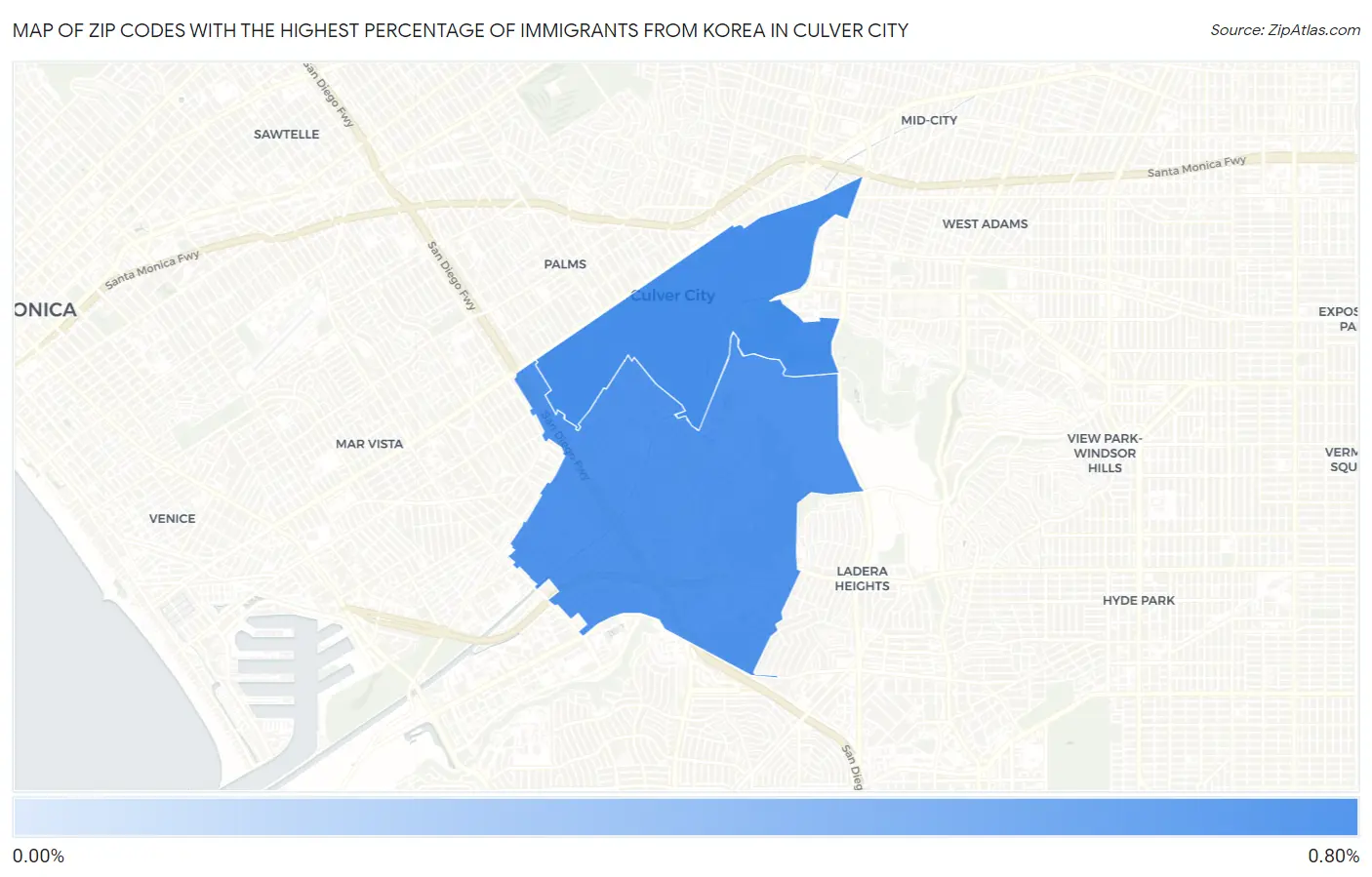 Zip Codes with the Highest Percentage of Immigrants from Korea in Culver City Map