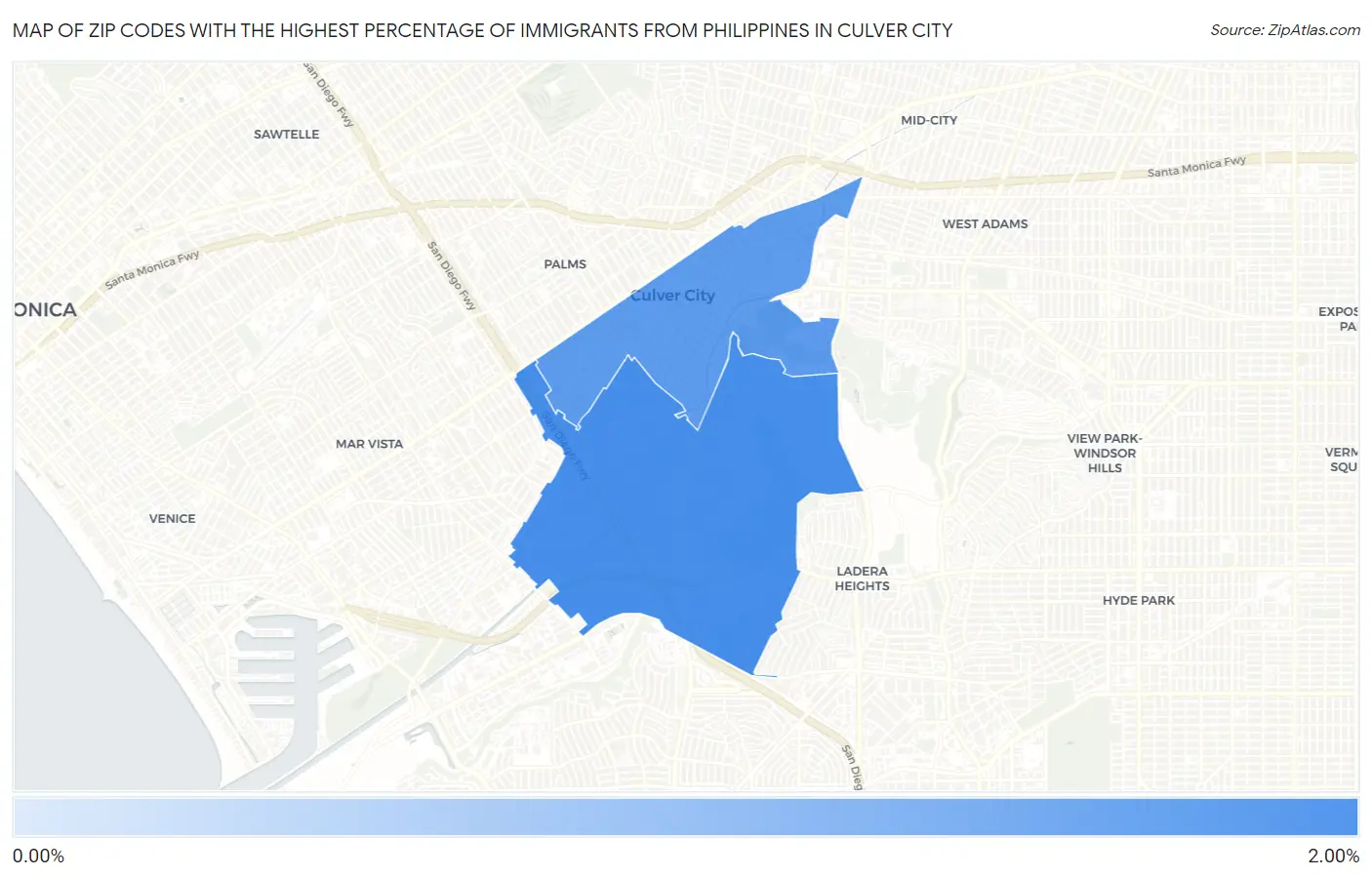 Zip Codes with the Highest Percentage of Immigrants from Philippines in Culver City Map