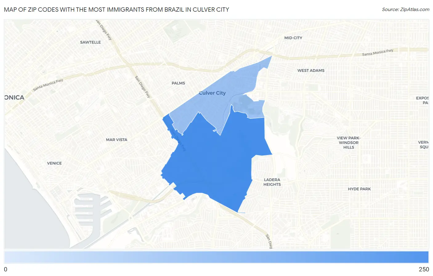 Zip Codes with the Most Immigrants from Brazil in Culver City Map