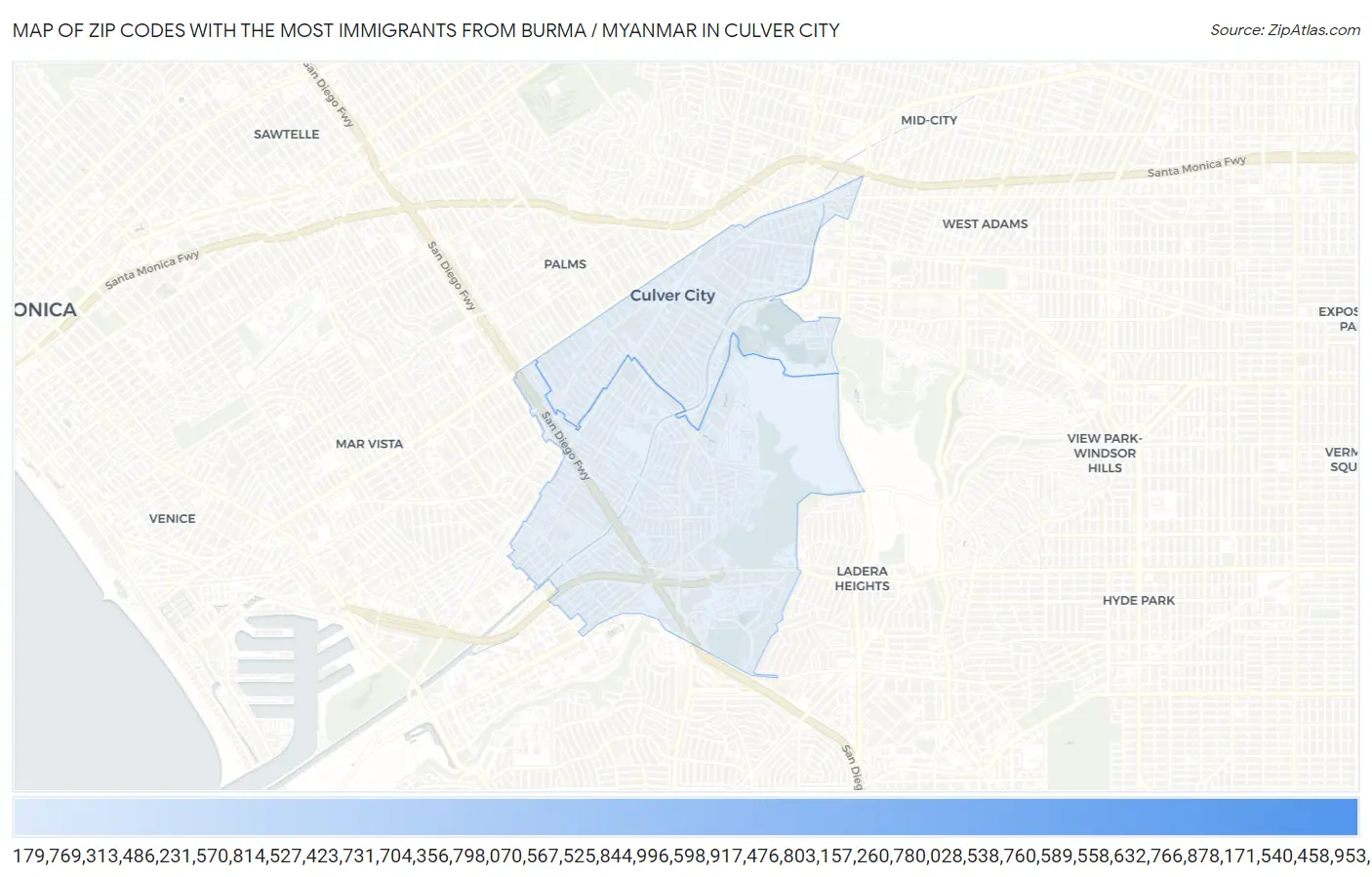 Zip Codes with the Most Immigrants from Burma / Myanmar in Culver City Map