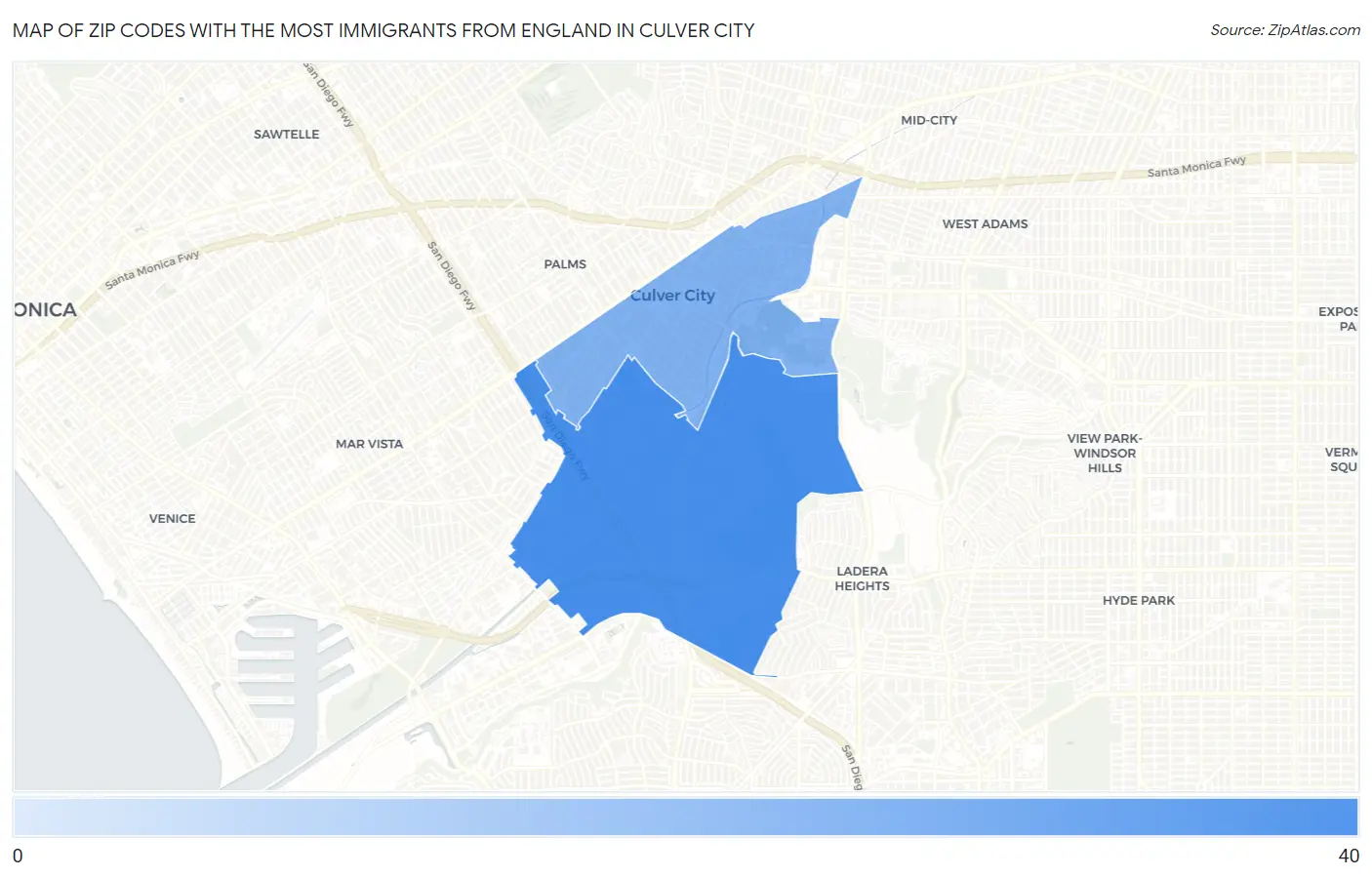 Zip Codes with the Most Immigrants from England in Culver City Map
