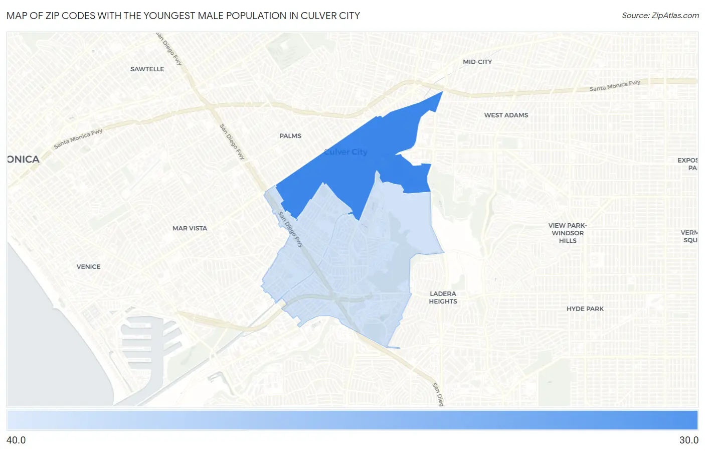 Zip Codes with the Youngest Male Population in Culver City Map