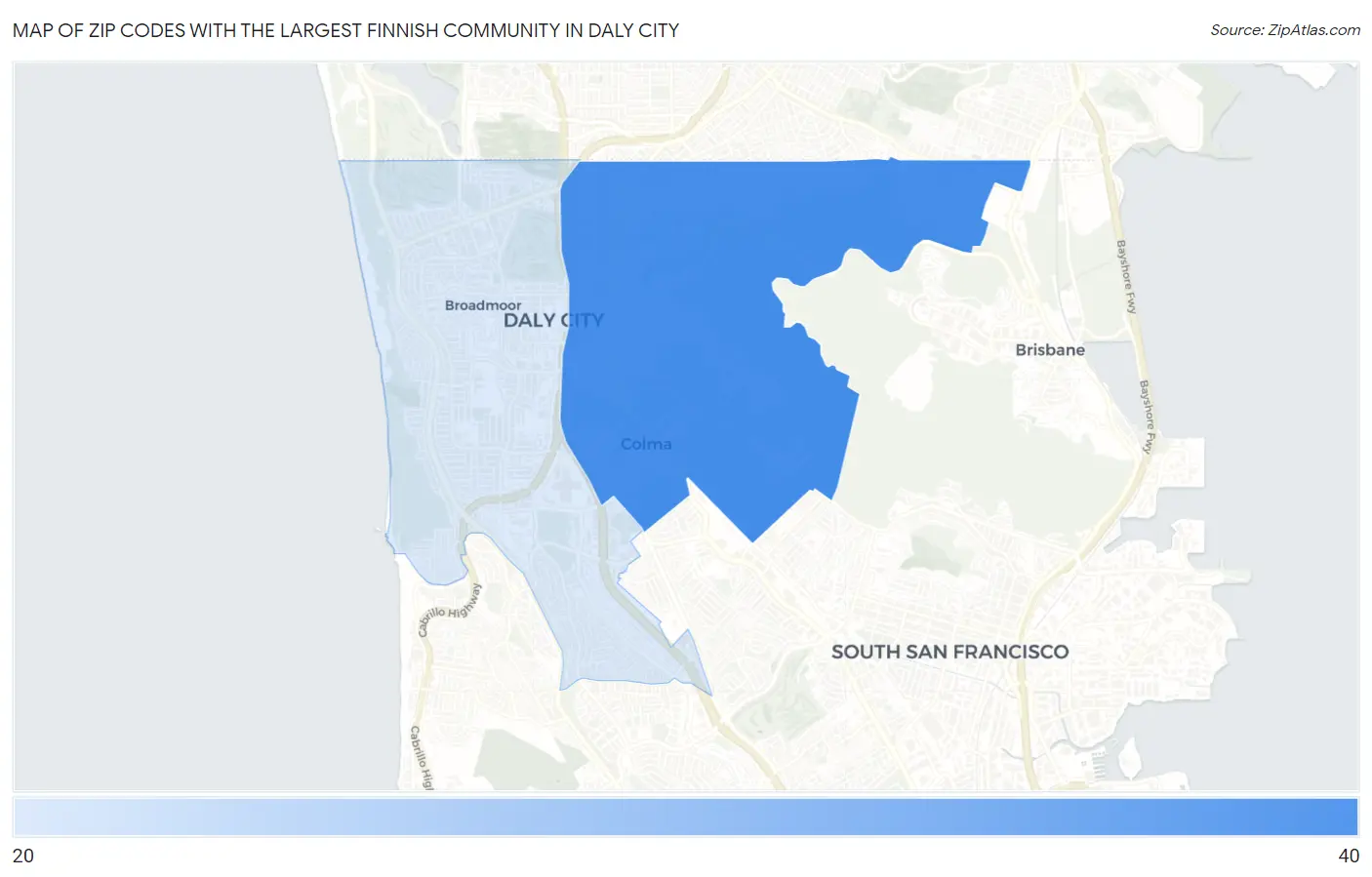 Zip Codes with the Largest Finnish Community in Daly City Map