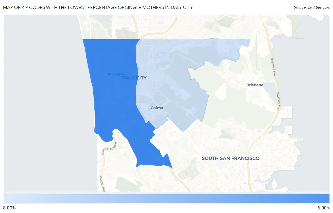 Zip Codes with the Lowest Percentage of Single Mothers in Daly City Map