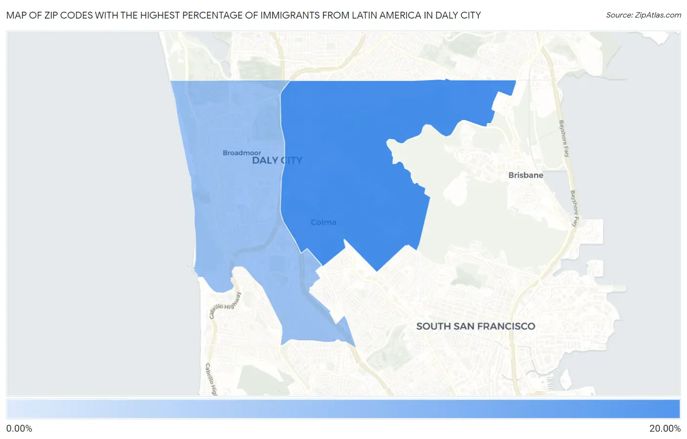 Zip Codes with the Highest Percentage of Immigrants from Latin America in Daly City Map