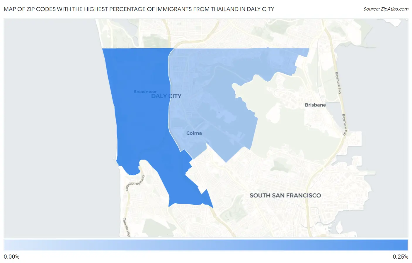 Zip Codes with the Highest Percentage of Immigrants from Thailand in Daly City Map