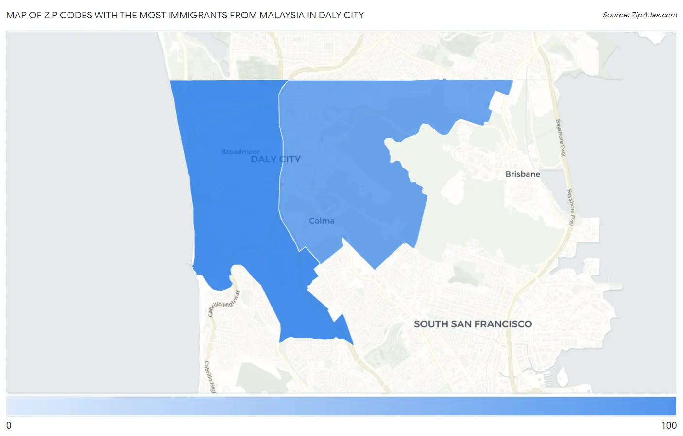 Zip Codes with the Most Immigrants from Malaysia in Daly City Map
