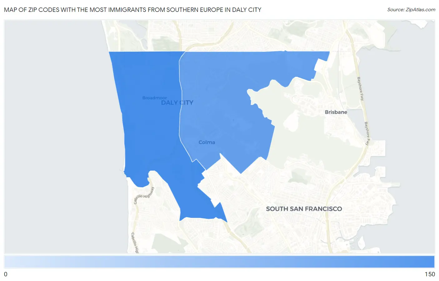 Zip Codes with the Most Immigrants from Southern Europe in Daly City Map