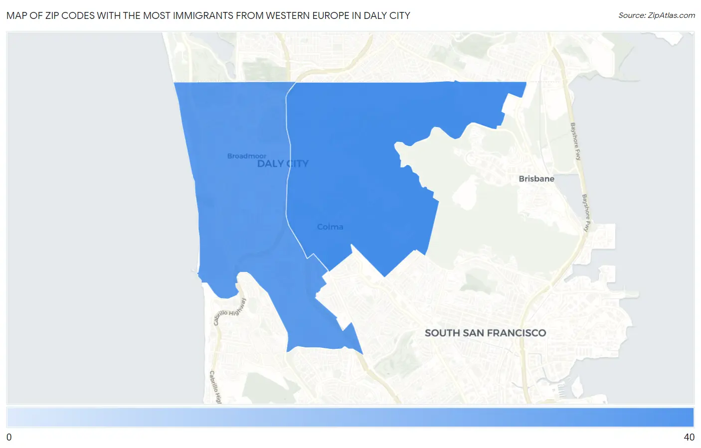 Zip Codes with the Most Immigrants from Western Europe in Daly City Map