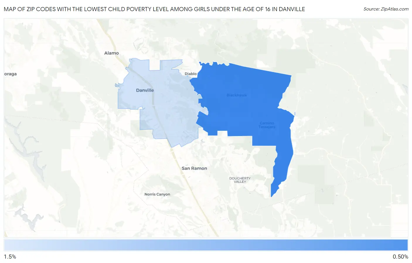 Zip Codes with the Lowest Child Poverty Level Among Girls Under the Age of 16 in Danville Map