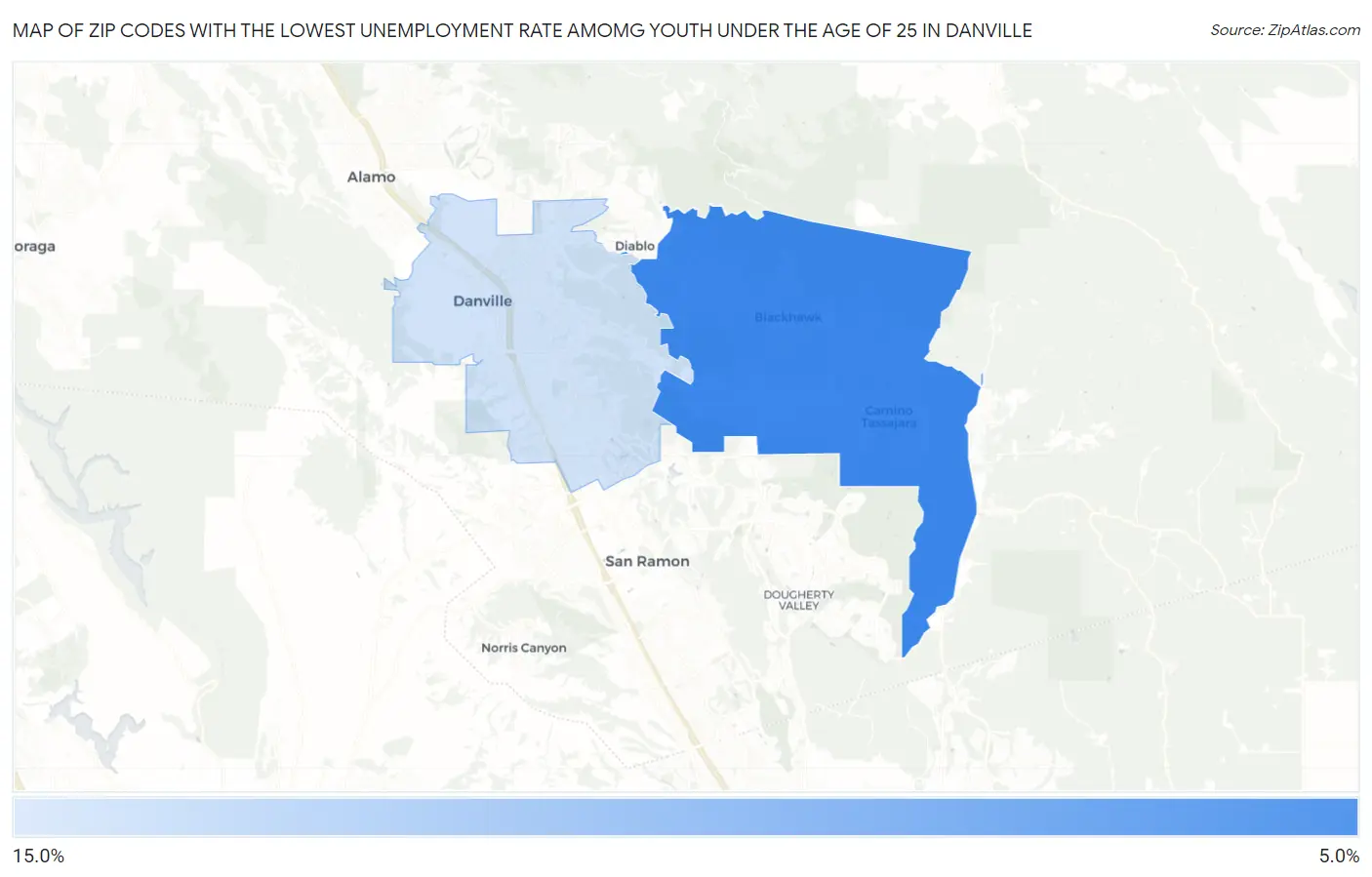 Zip Codes with the Lowest Unemployment Rate Amomg Youth Under the Age of 25 in Danville Map
