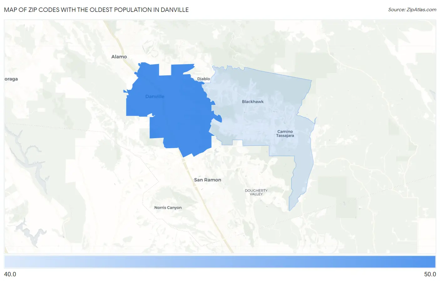 Zip Codes with the Oldest Population in Danville Map