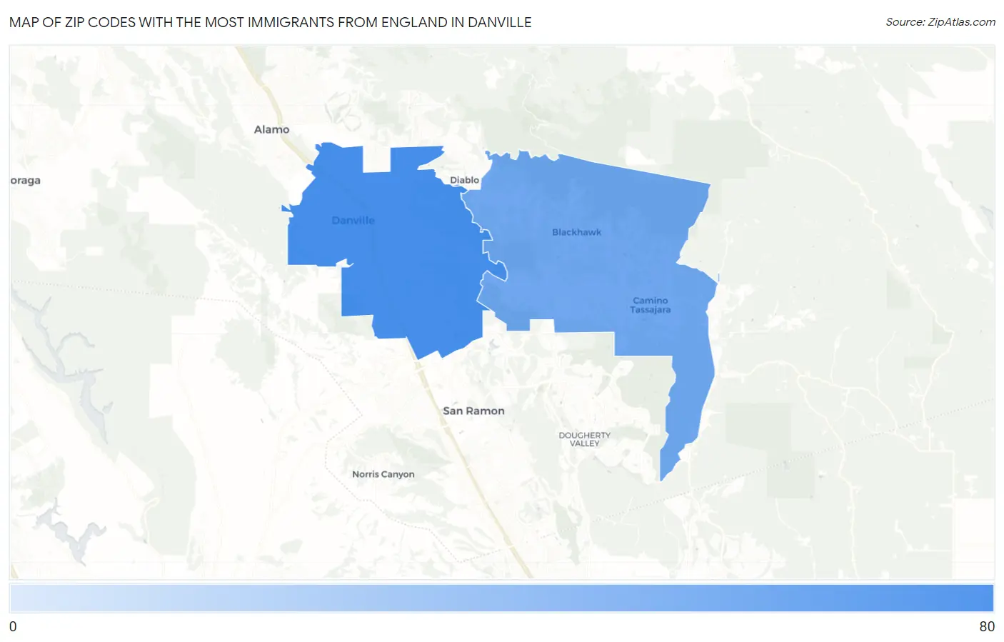 Zip Codes with the Most Immigrants from England in Danville Map