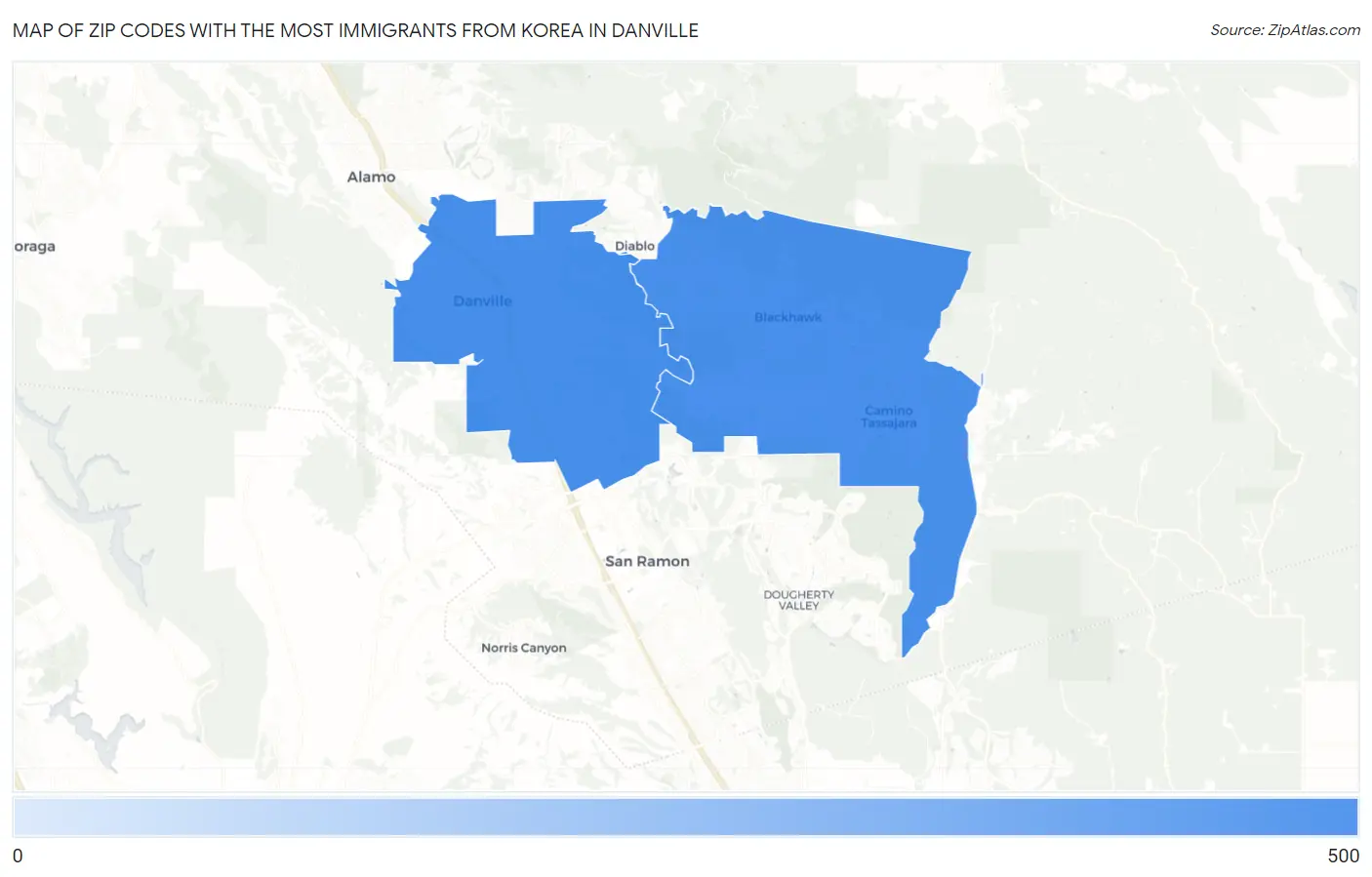 Zip Codes with the Most Immigrants from Korea in Danville Map
