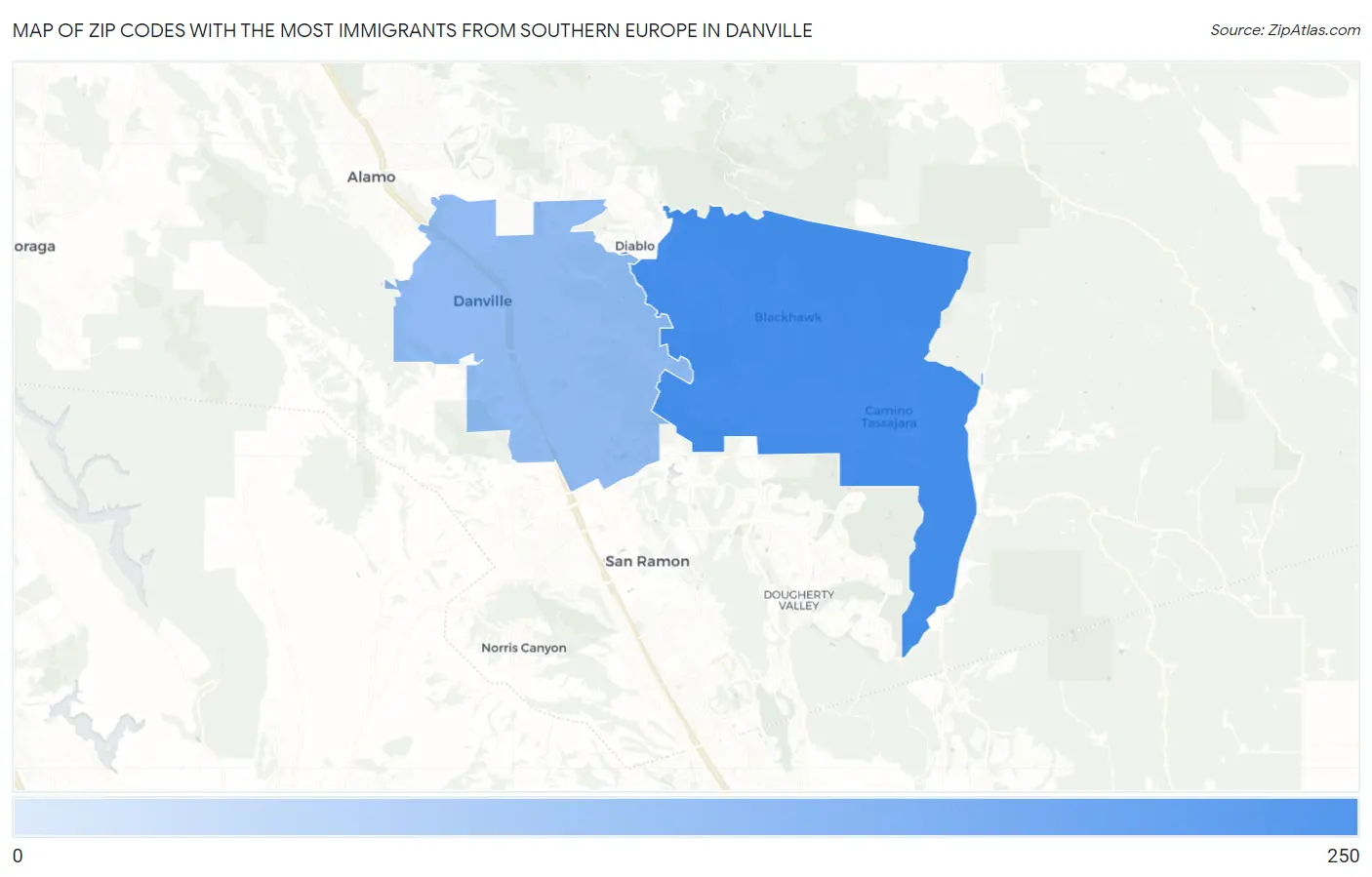 Zip Codes with the Most Immigrants from Southern Europe in Danville Map