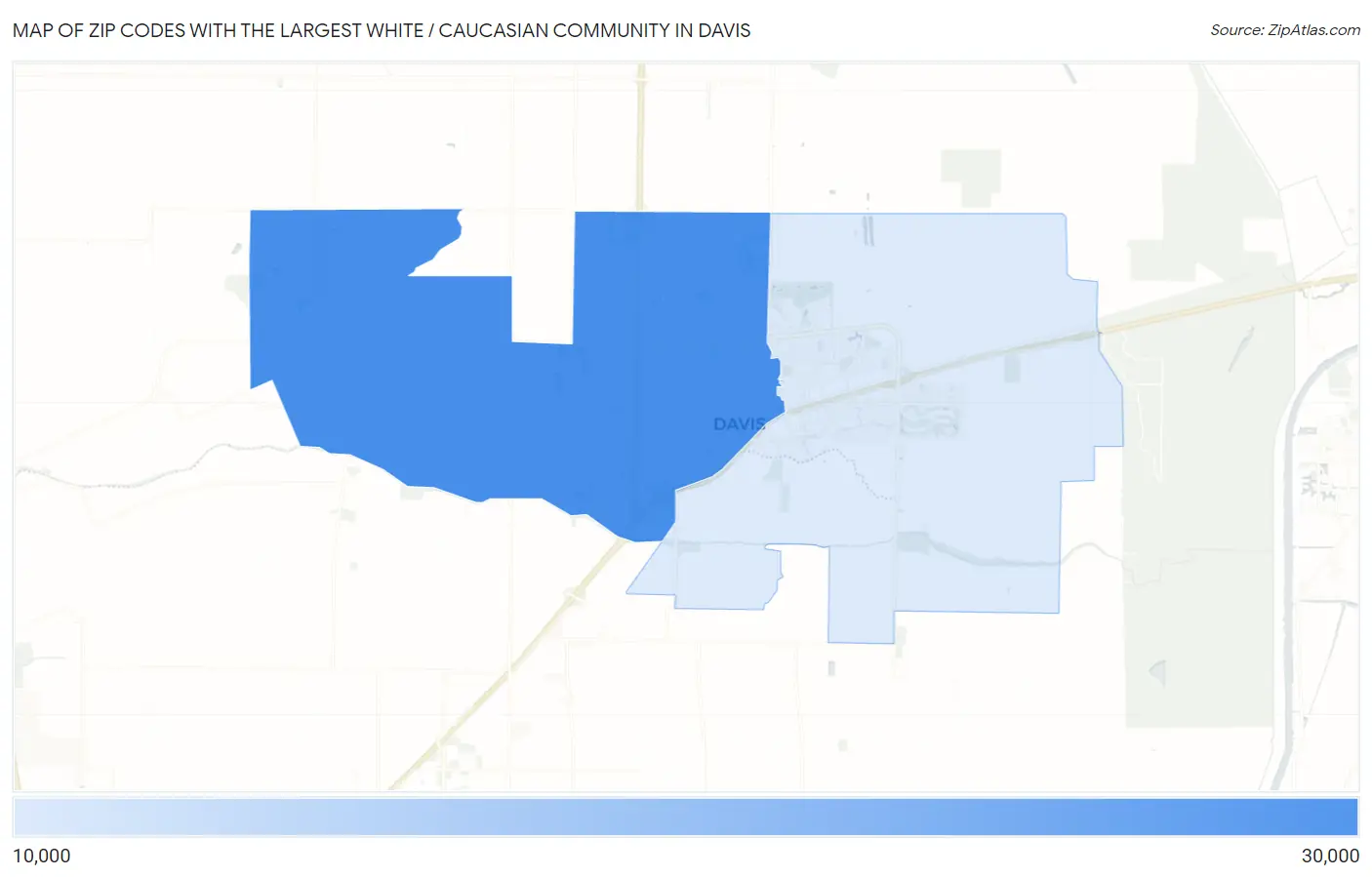 Zip Codes with the Largest White / Caucasian Community in Davis Map