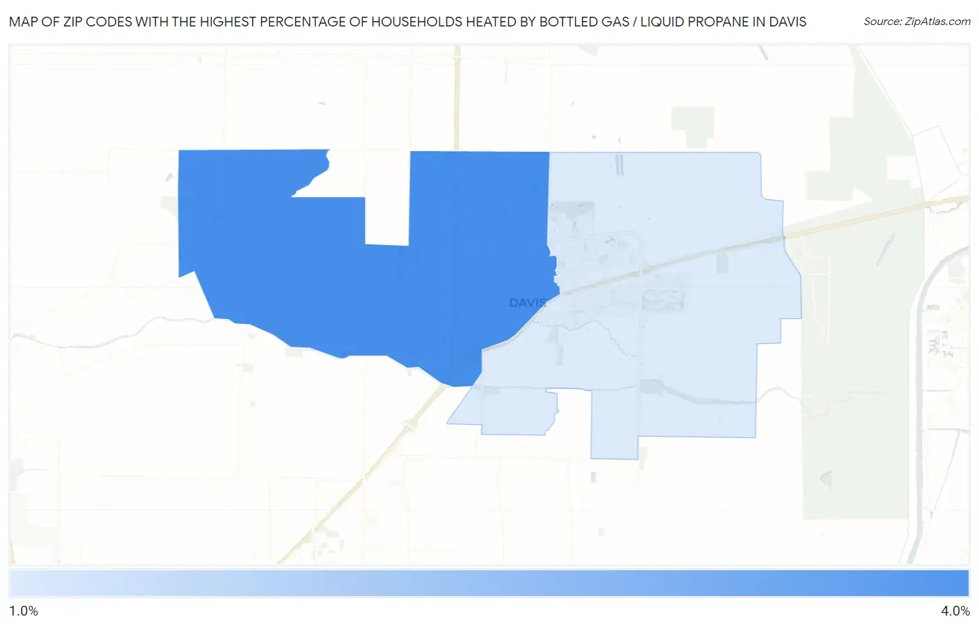 Zip Codes with the Highest Percentage of Households Heated by Bottled Gas / Liquid Propane in Davis Map
