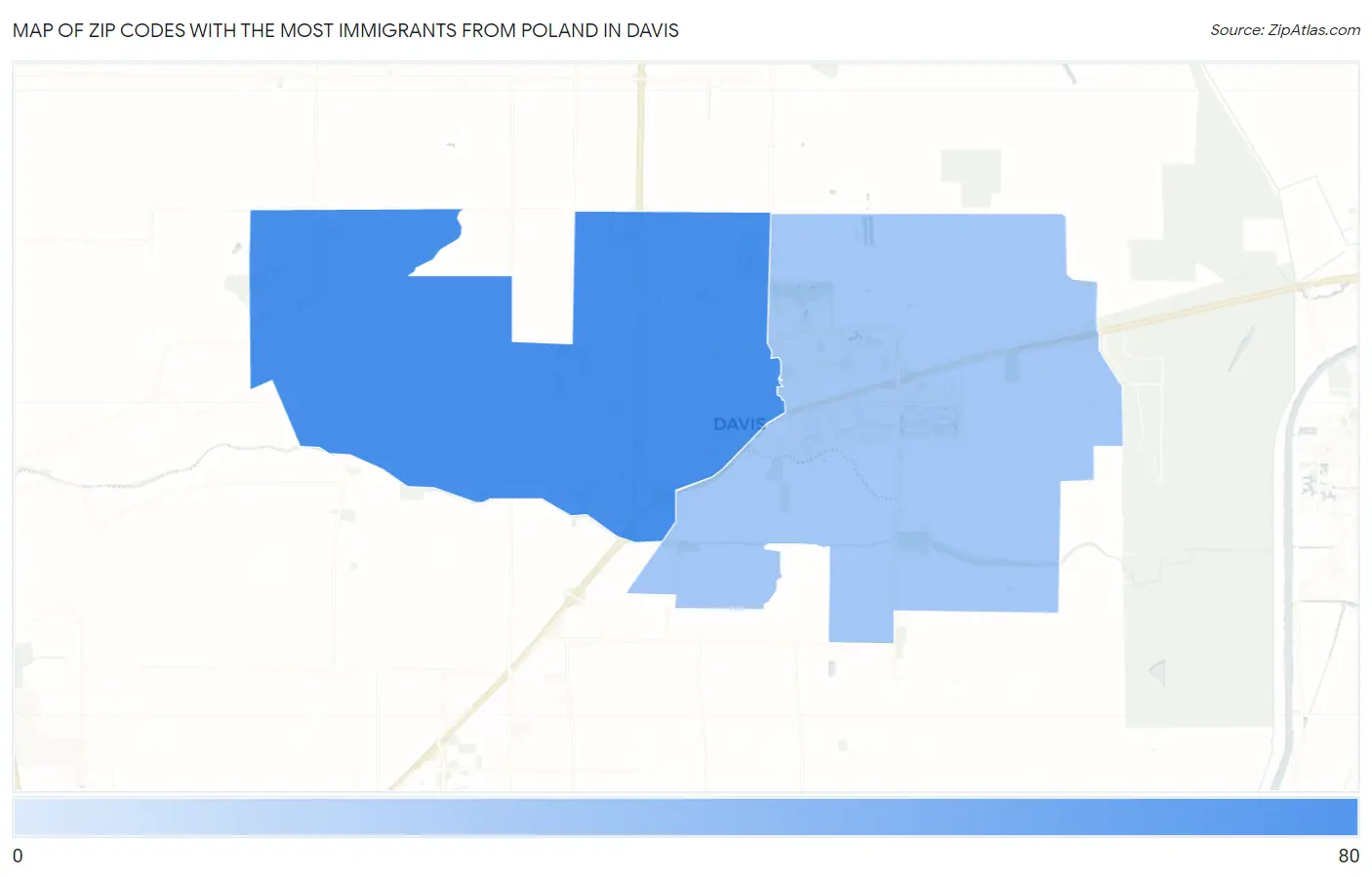 Zip Codes with the Most Immigrants from Poland in Davis Map
