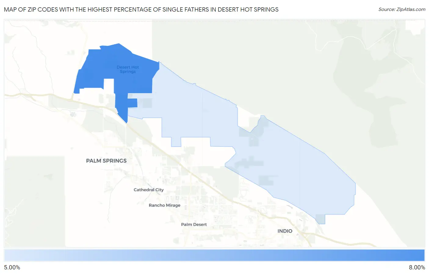 Zip Codes with the Highest Percentage of Single Fathers in Desert Hot Springs Map