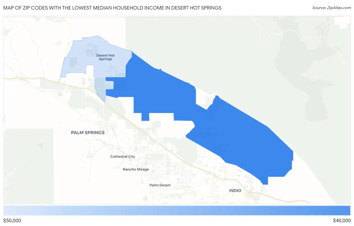 Zip Codes with the Lowest Median Household Income in Desert Hot Springs Map