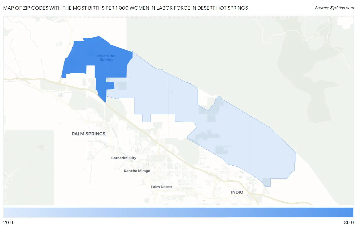Zip Codes with the Most Births per 1,000 Women in Labor Force in Desert Hot Springs Map