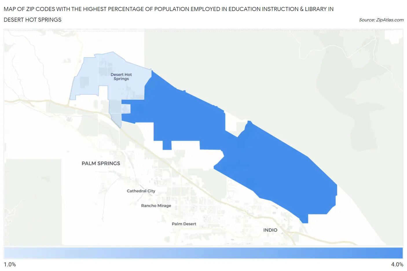 Zip Codes with the Highest Percentage of Population Employed in Education Instruction & Library in Desert Hot Springs Map