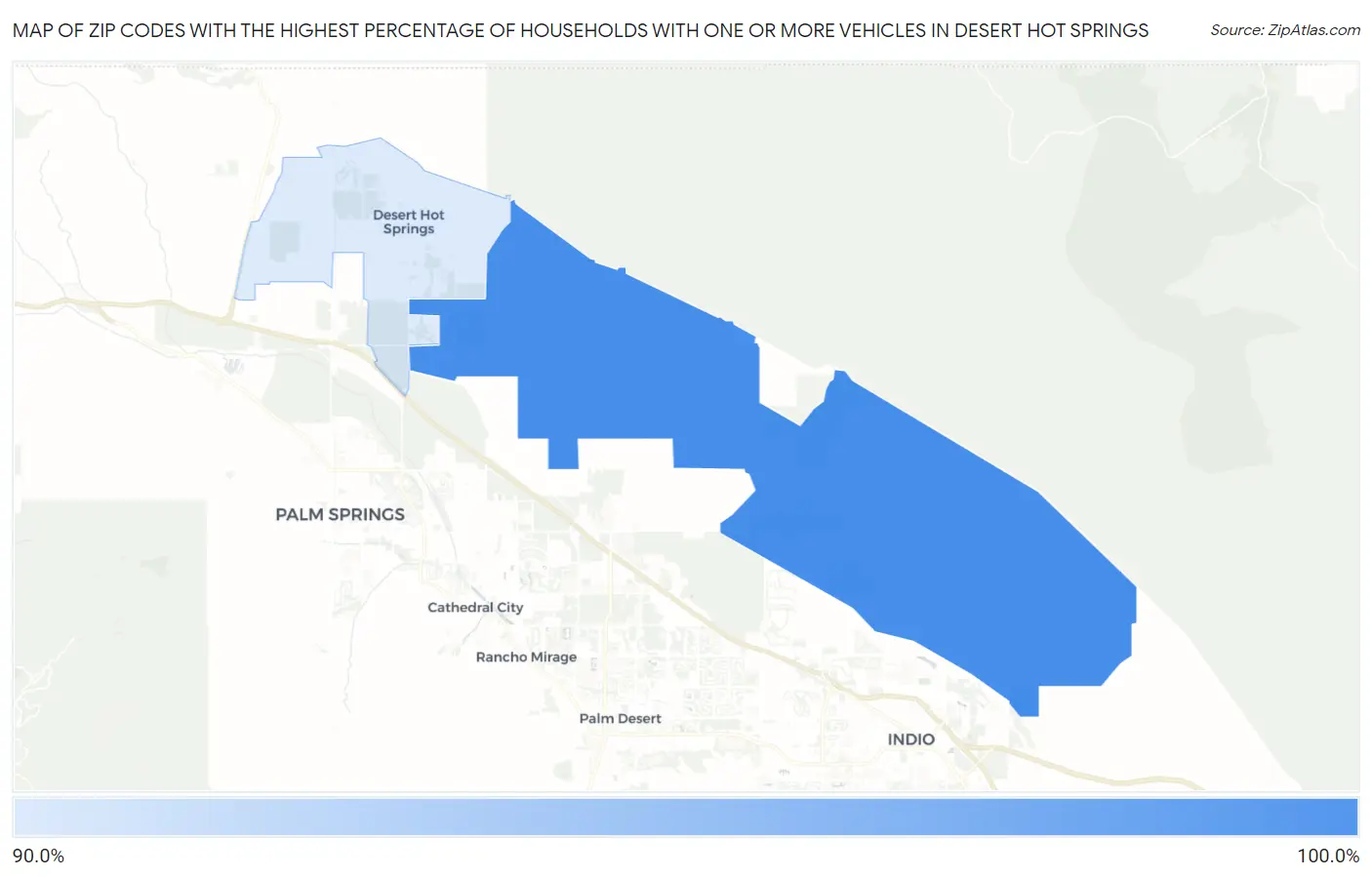 Zip Codes with the Highest Percentage of Households With One or more Vehicles in Desert Hot Springs Map