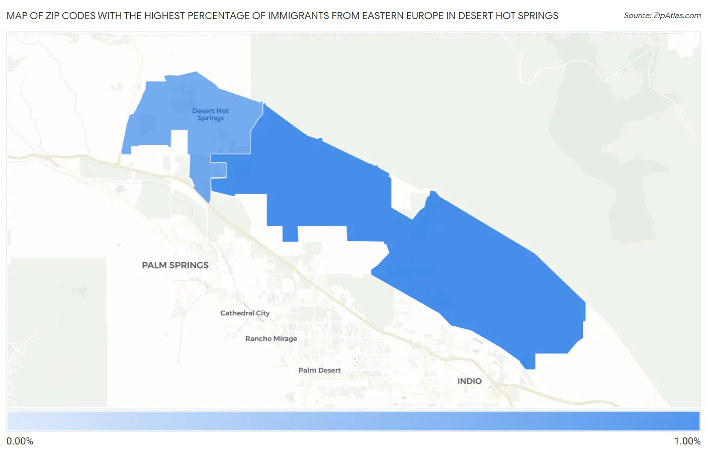 Zip Codes with the Highest Percentage of Immigrants from Eastern Europe in Desert Hot Springs Map