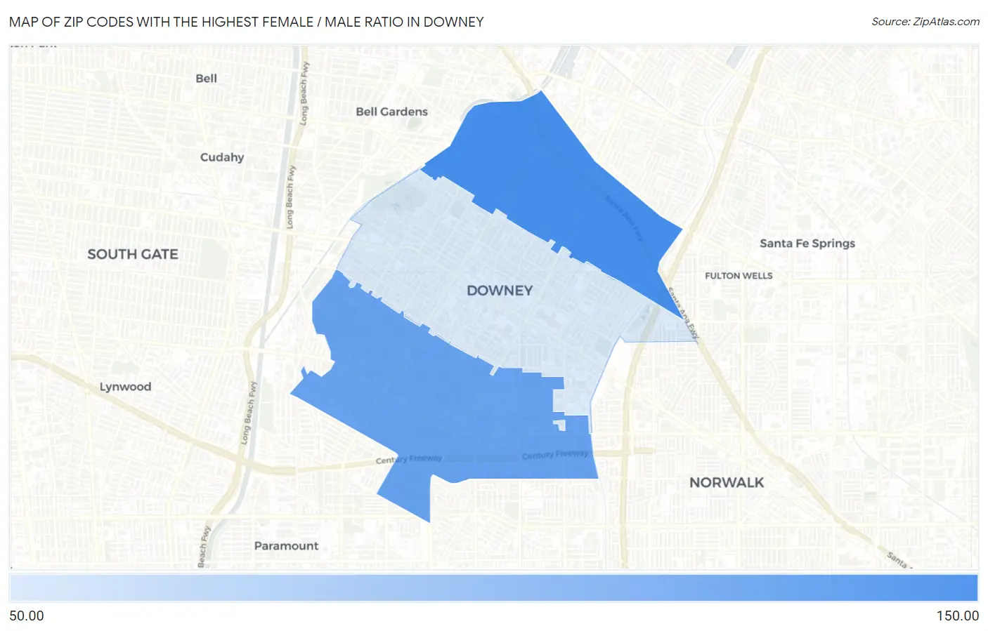 Zip Codes with the Highest Female / Male Ratio in Downey Map