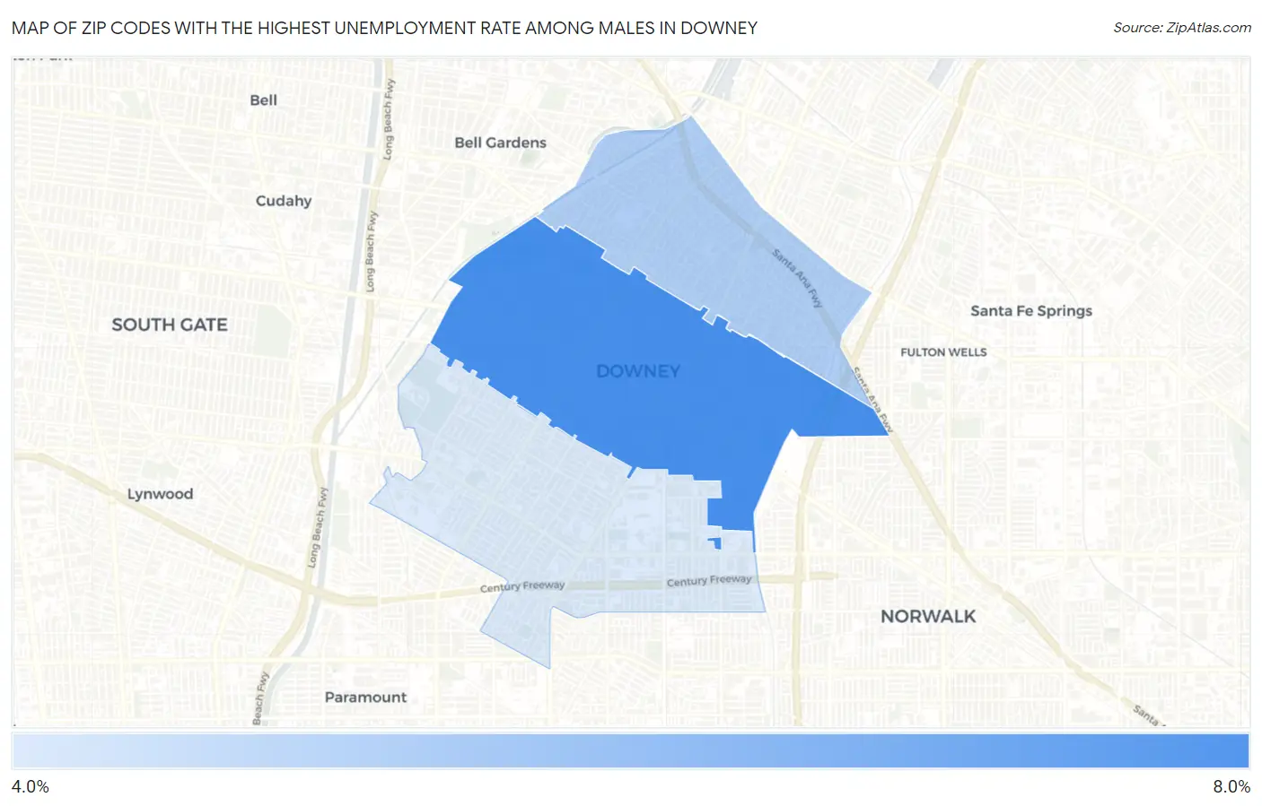 Zip Codes with the Highest Unemployment Rate Among Males in Downey Map