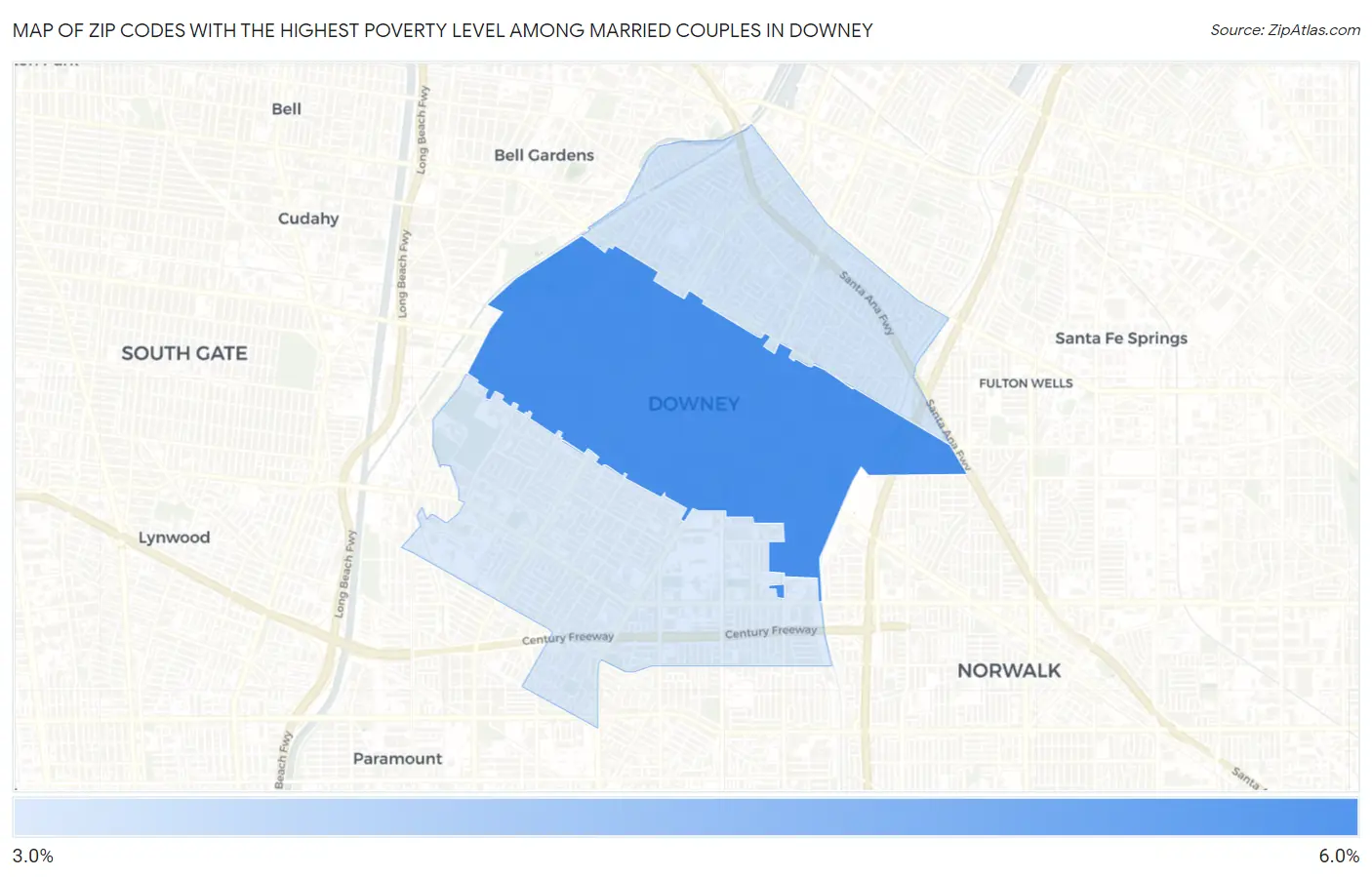 Zip Codes with the Highest Poverty Level Among Married Couples in Downey Map