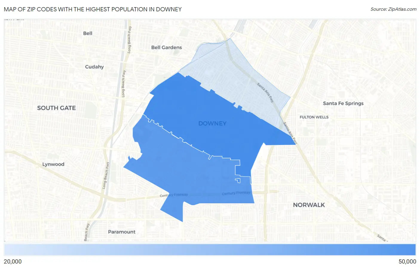 Zip Codes with the Highest Population in Downey Map