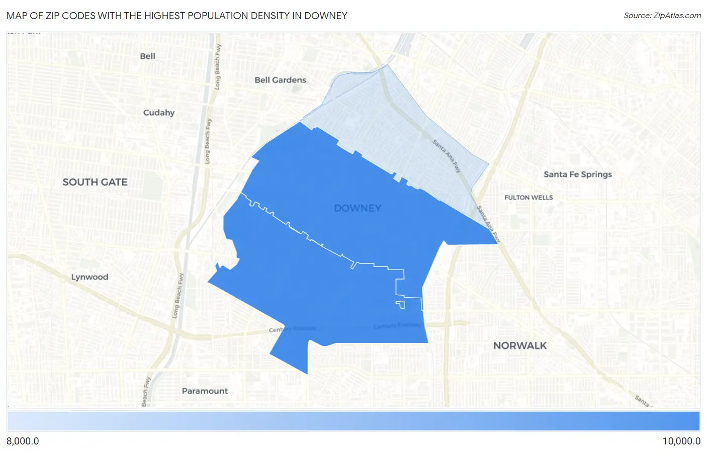 Zip Codes with the Highest Population Density in Downey Map