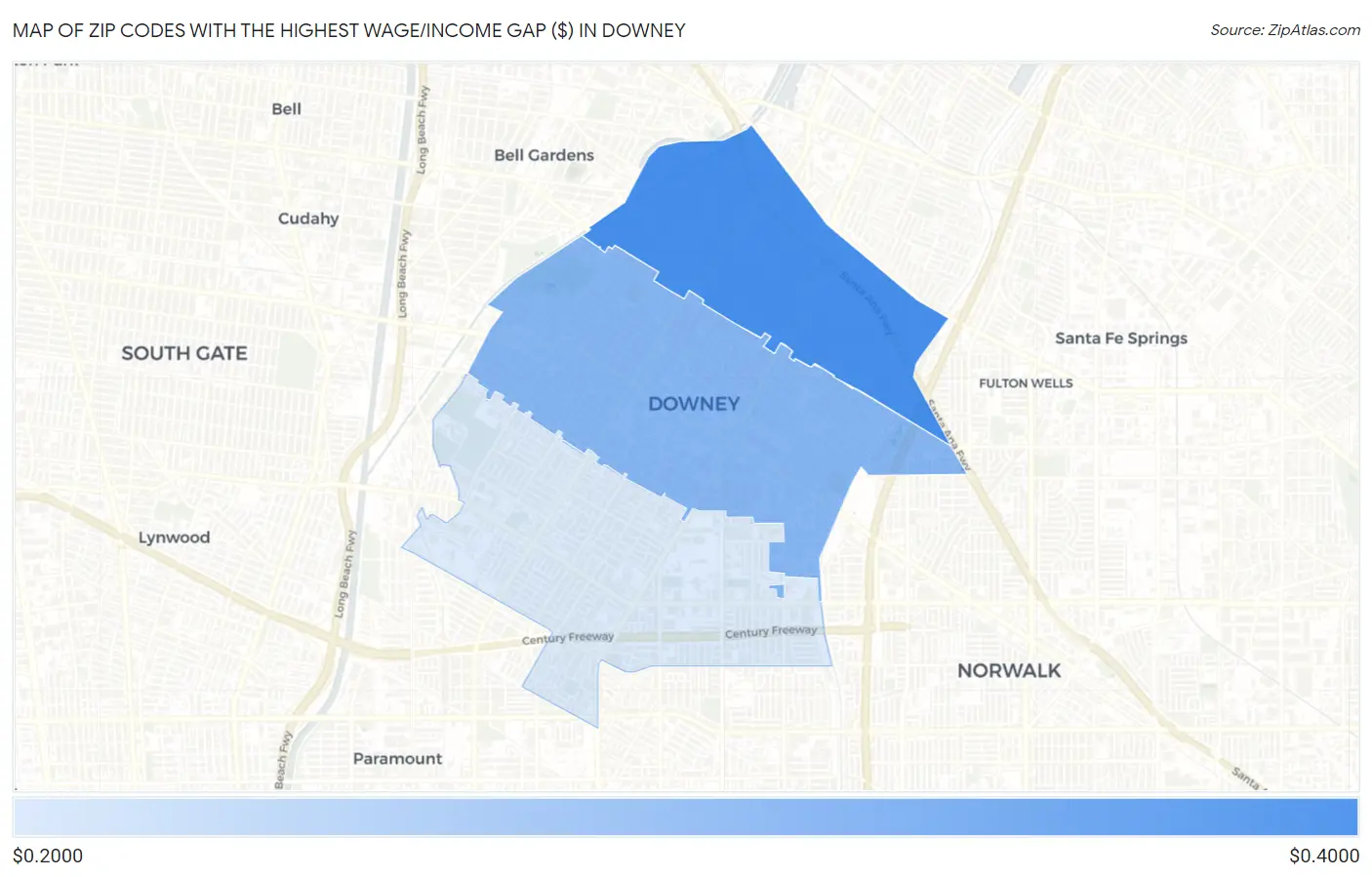 Zip Codes with the Highest Wage/Income Gap ($) in Downey Map
