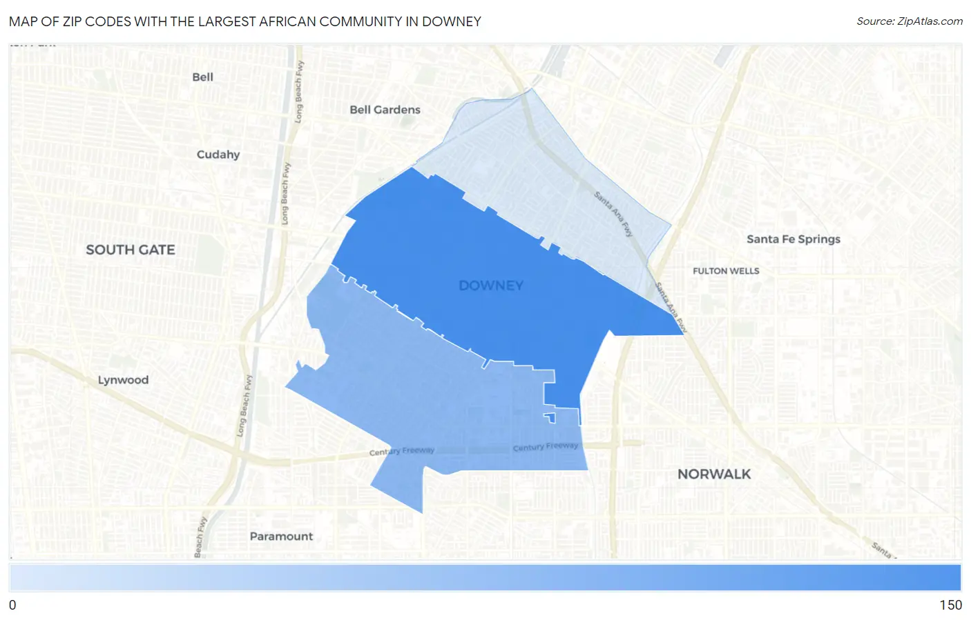 Zip Codes with the Largest African Community in Downey Map
