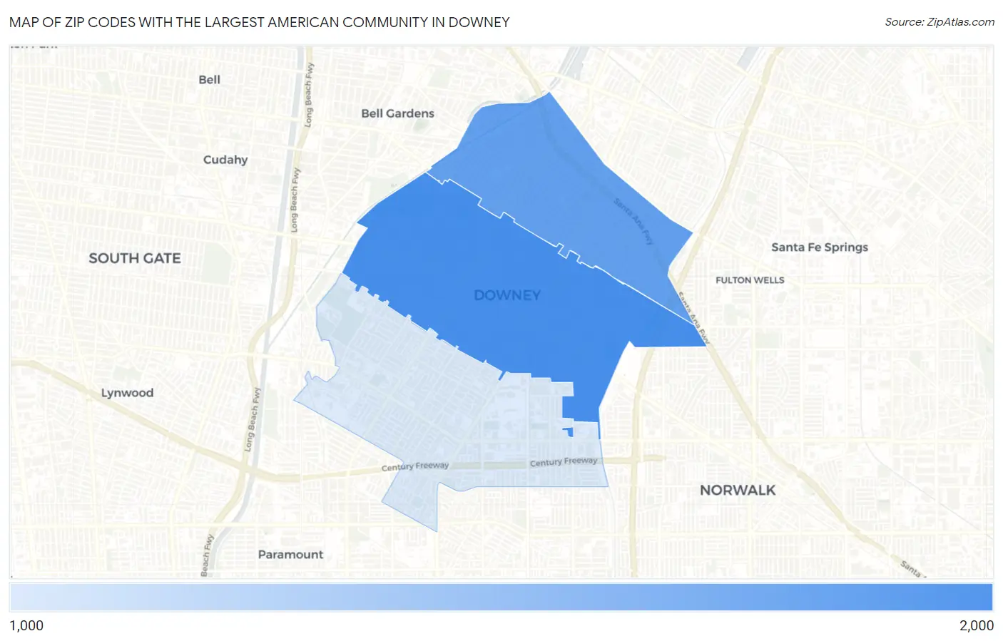 Zip Codes with the Largest American Community in Downey Map