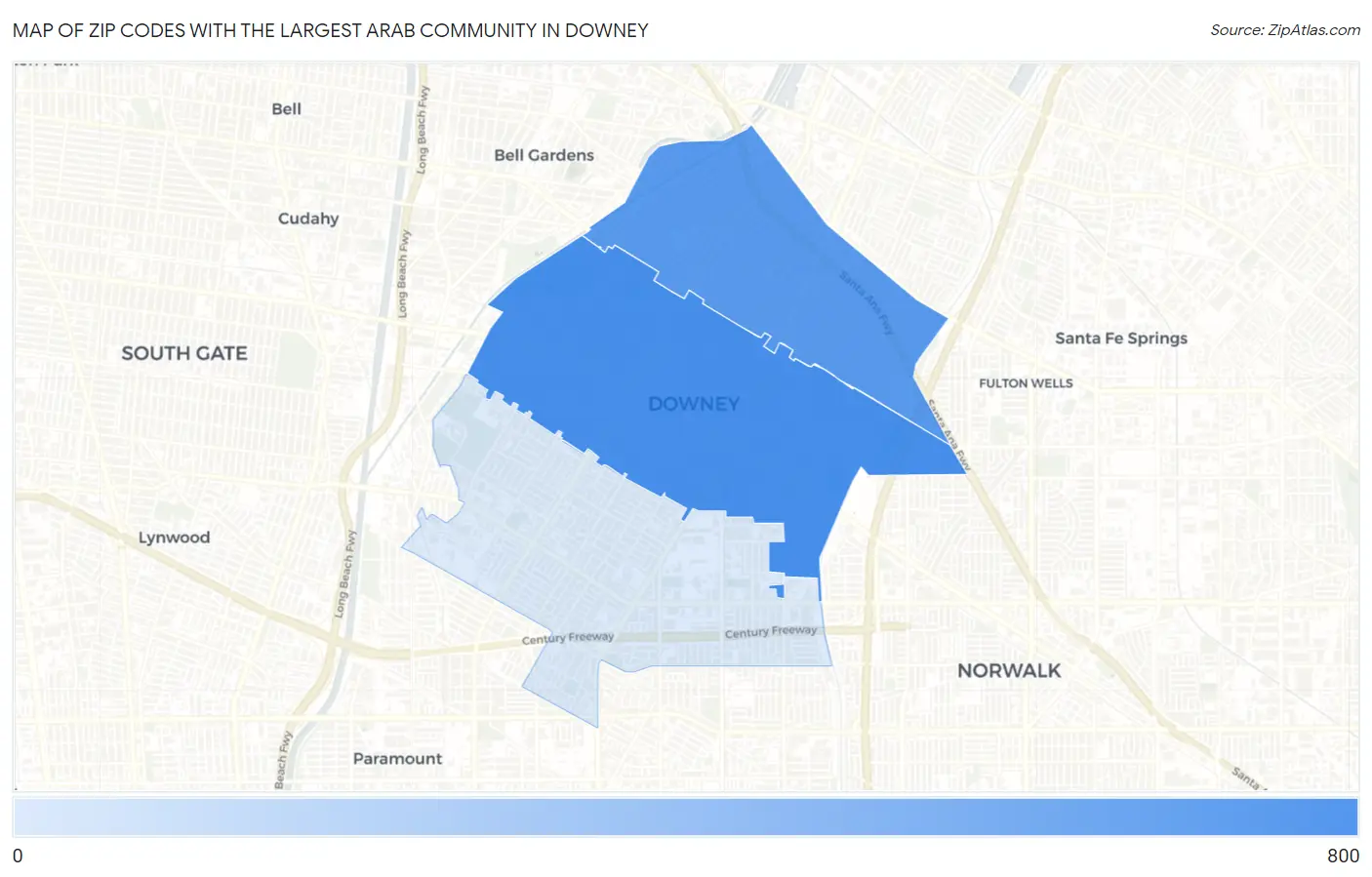 Zip Codes with the Largest Arab Community in Downey Map