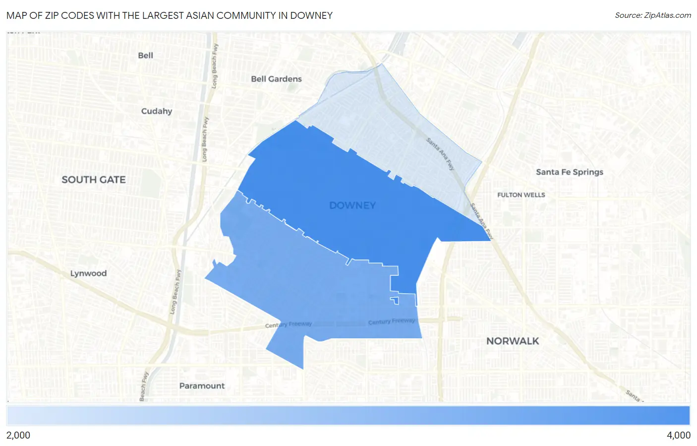 Zip Codes with the Largest Asian Community in Downey Map