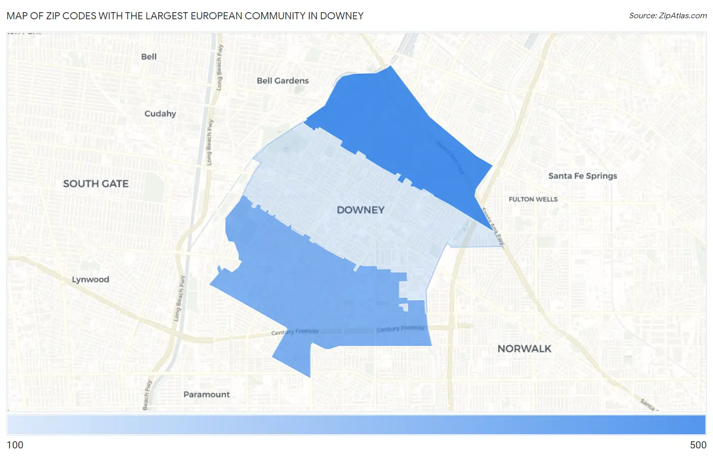 Zip Codes with the Largest European Community in Downey Map
