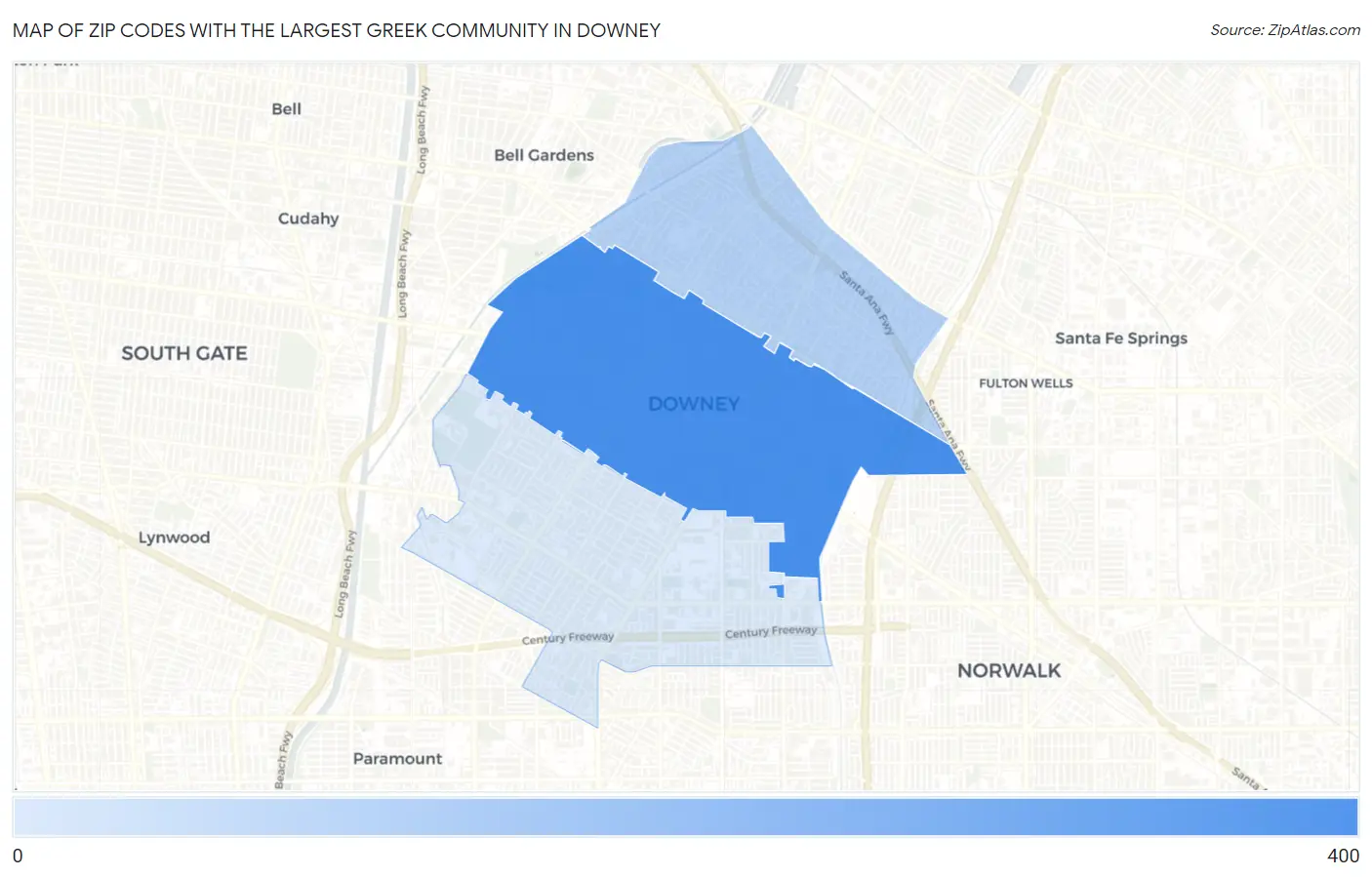 Zip Codes with the Largest Greek Community in Downey Map
