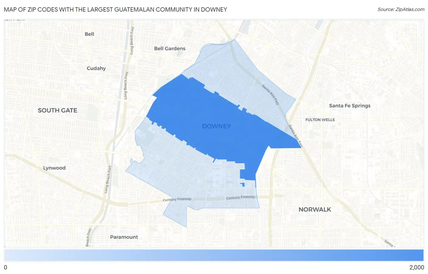 Zip Codes with the Largest Guatemalan Community in Downey Map