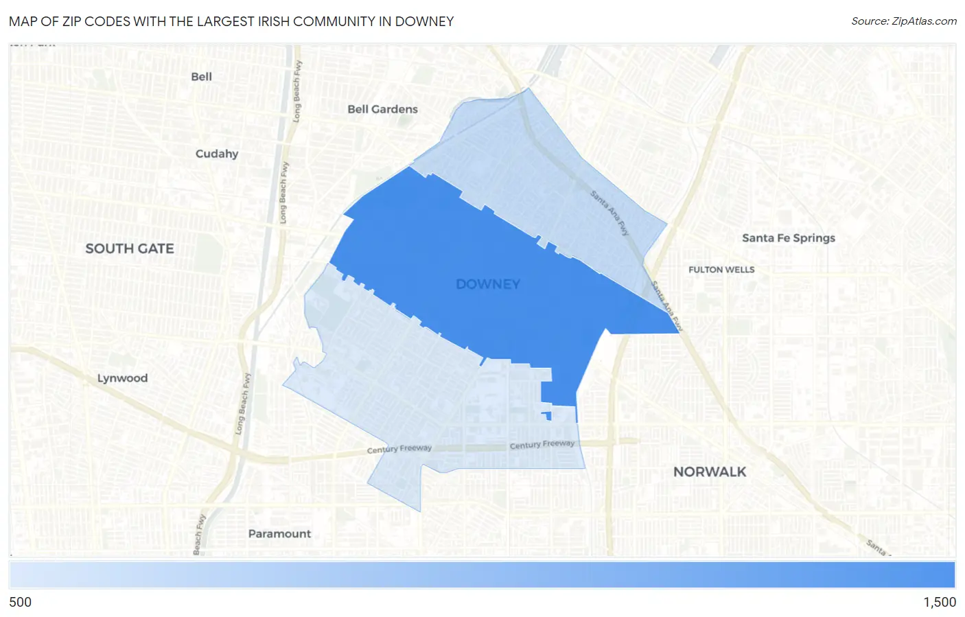 Zip Codes with the Largest Irish Community in Downey Map