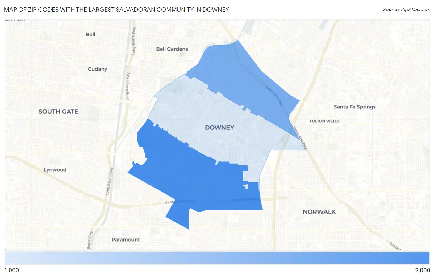 Zip Codes with the Largest Salvadoran Community in Downey Map